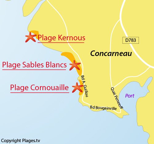 Carte de la plage de la Cornouaille à Corcarneau