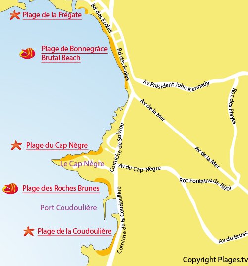 Plan de la plage de la Coudoulière de Six Fours les Plages