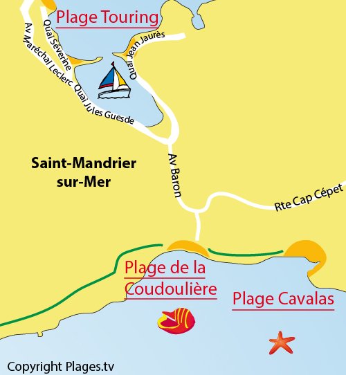 Map of Coudoulière Beach in Saint Mandrier in South of France