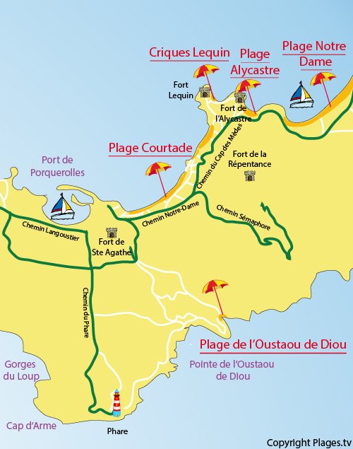 Map of Courtade beach in Porquerolles in France