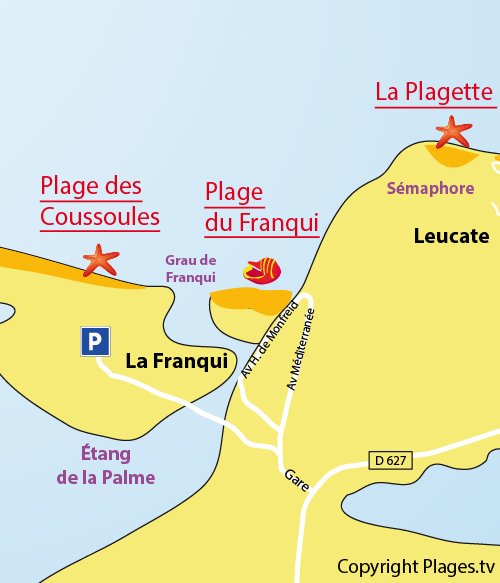 Map of Coussoules Beach in Leucate