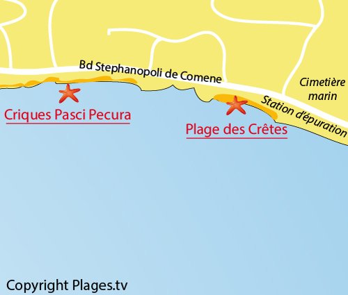 Carte de la plage des Crêtes à Ajaccio