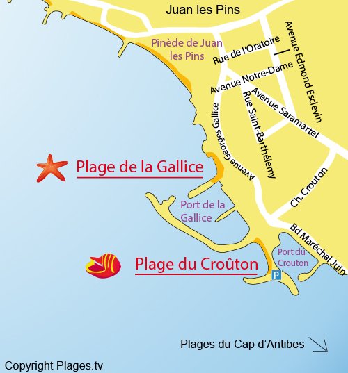 Plan de la plage du Crouton à Juan les Pins