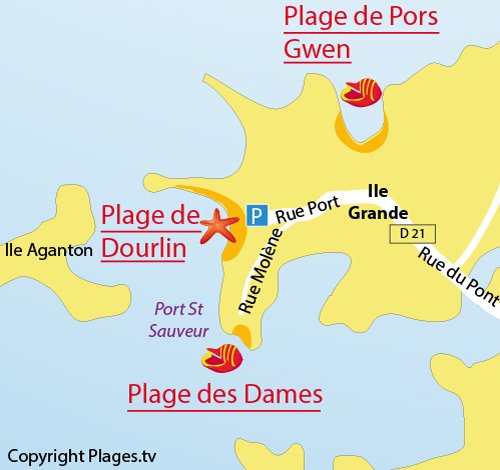 Carte de la plage aux Dames de l'ile grande - Pleumeur Bodou