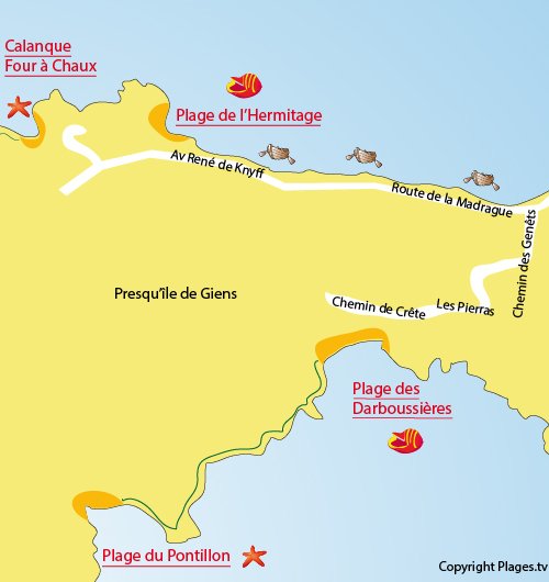 Carte de la plage des Darboussières à Hyères sur la presqu'île de Giens