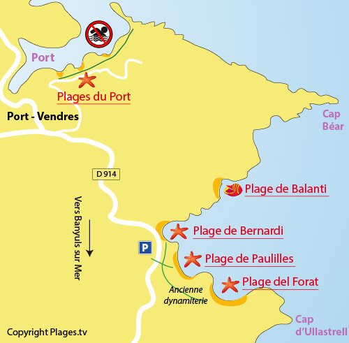 Carte de la plage Del Forat de Port Vendrès (66)