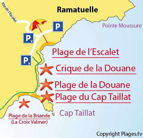 Map of the Douane Beach in Ramatuelle - France