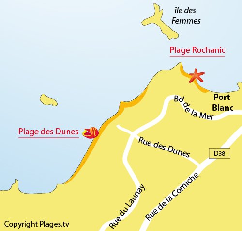 Carte de la plage des Dunes à Port Blanc - Bretagne