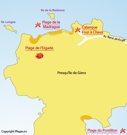 Carte de la plage d'Eigade sur la presqu'île de Giens