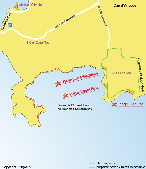 Carte de la plage Eilen Roc au Cap d'Antibes