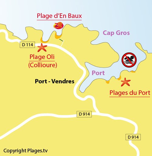 Plan de la plage d'En Baux à Port Vendrès (66)