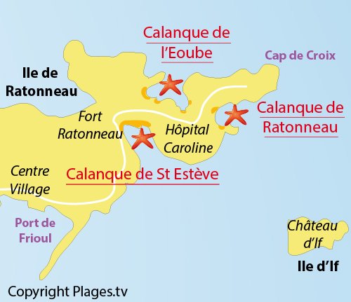 Plan des criques de l'Eoube sur l'ile de Frioul