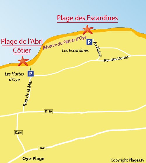 Plan de la plage des Escardines à Oye-Plage