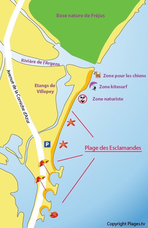 Map of the Esclamandes Beach in Saint Aygulf