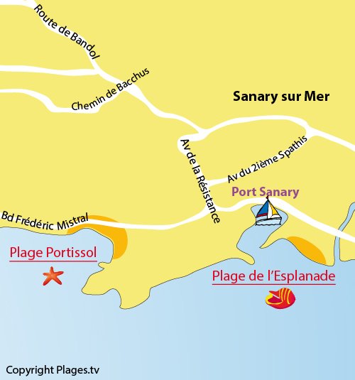 Map of Esplanade Beach in Sanary sur Mer