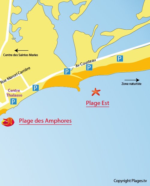 Map of the Eastern beach of Saintes Maries de la Mer