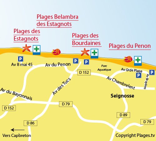 Plan de la plage des Estagnots à Seignosse dans les Landes