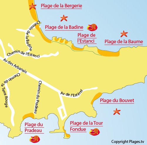 Carte de la plage d'Estanci à Hyères sur la presqu'île de Giens