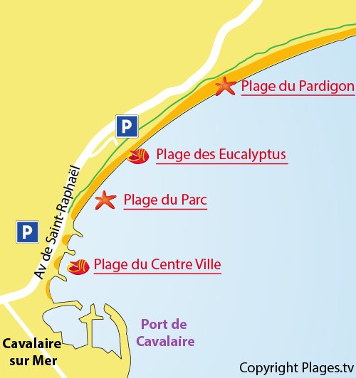 Carte de la plage des Eucalyptus de Cavalaire sur Mer