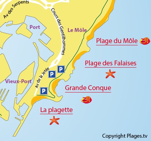 Plan de la plage des Palaises au Cap d'Agde