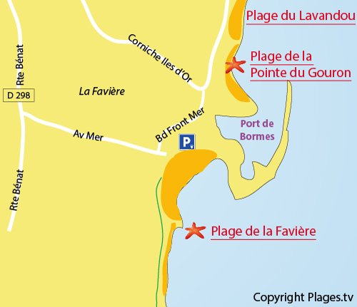 Mappa della spiaggia della Faviere a Bormes les Mimosas