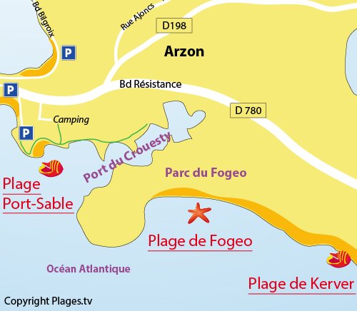 Map of Fogeo Beach in Arzon - France