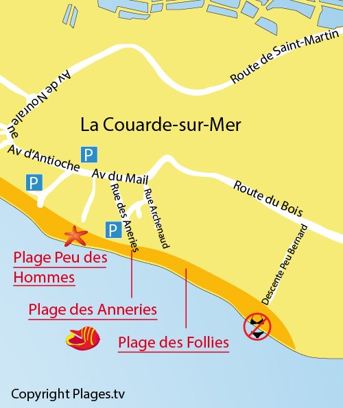 Carte de la plage des Follies à Couarde sur Mer sur l'Ile de Ré