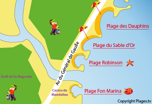 Carte de la plage de Fon Marina à Mandelieu