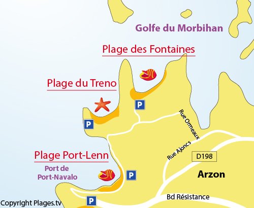 Carte de la plage des Fontaines à Arzon