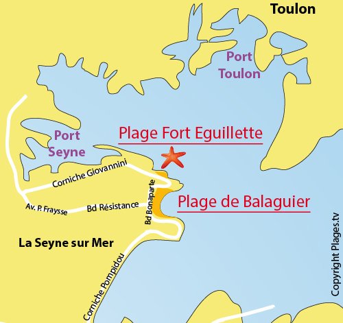 Map of Fort Eguillette beach in La Seyne sur Mer