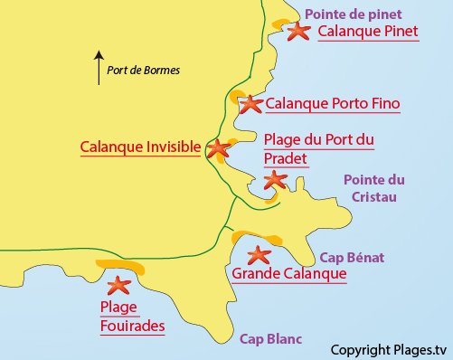 Map of Fouirades Beach in Bormes les Mimosas