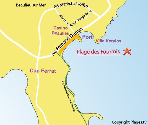 Map of Fourmis Beach in Beaulieu sur Mer