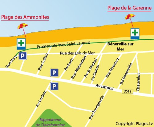 Carte de la plage de la Garenne à Bénerville sur Mer (Calvados)