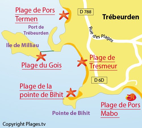 Carte de la plage du Gois sur l'ile de Milliau - Trébeurden