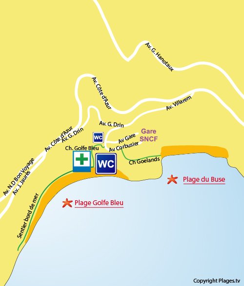 Mappa della Spiaggia del Golfe Bleu a Roquebrune Cap Martin