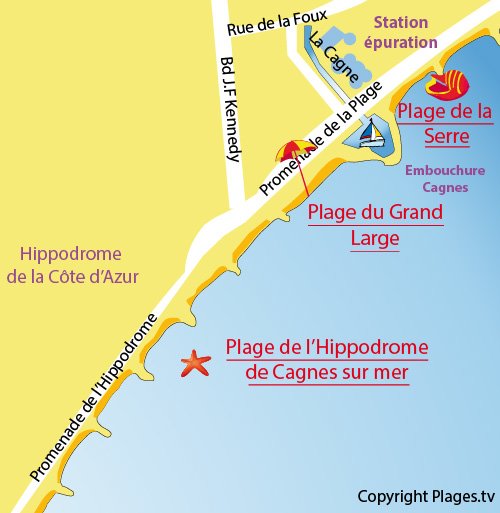 Map of Grand Large Beach in Cagnes sur Mer