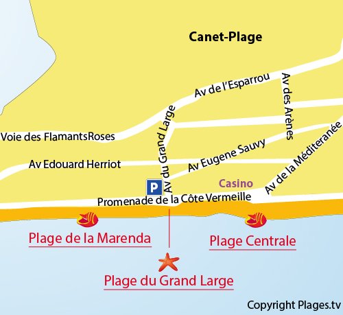 Map of Grand Large beach in Canet - France