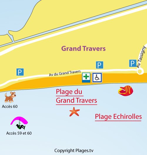 Map of the Grand Travers Beach in La Grande Motte