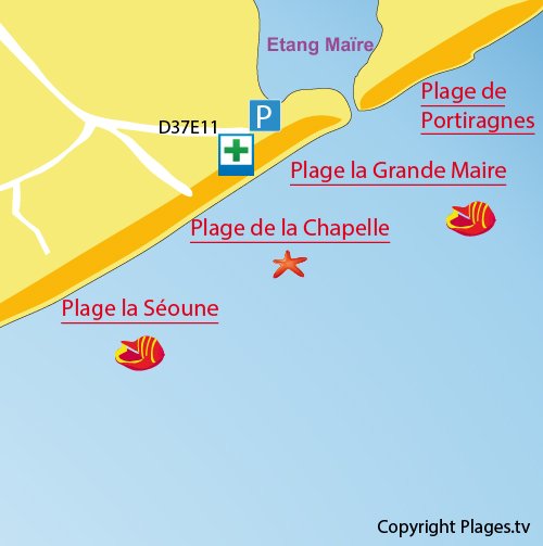 Carte de la plage de la Grande Maïre à Sérignan