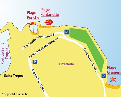 Carte de la plage des Graniers à Saint Tropez