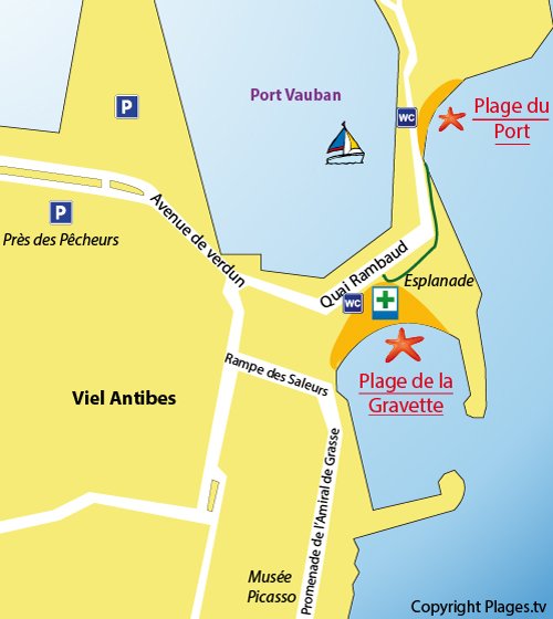 Carte de la plage de la Gravette à Antibes