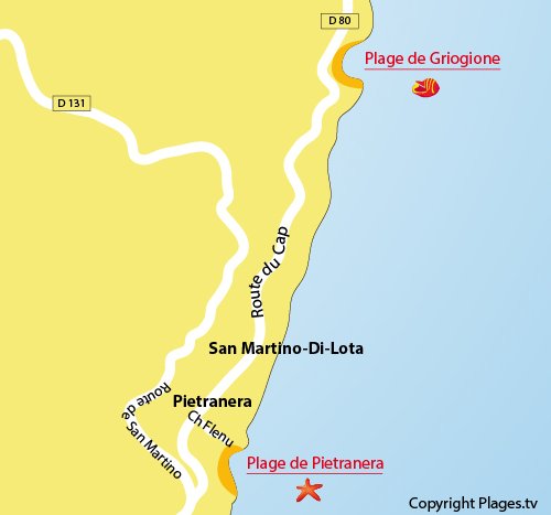 Map of Griogione Beach in Bastia