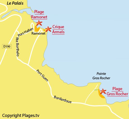 Map of Gros Rocher Beach in Belle Ile en Mer - Le Palais