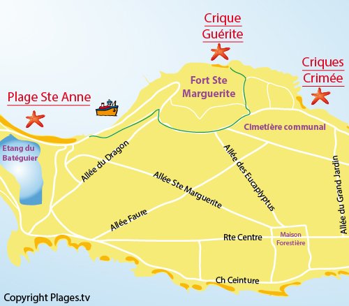 Carte de la plage de la Guérite sur les Iles de Lérins