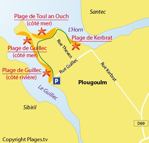 Carte de la plage de Guillec à Plougoulm - zone rivière