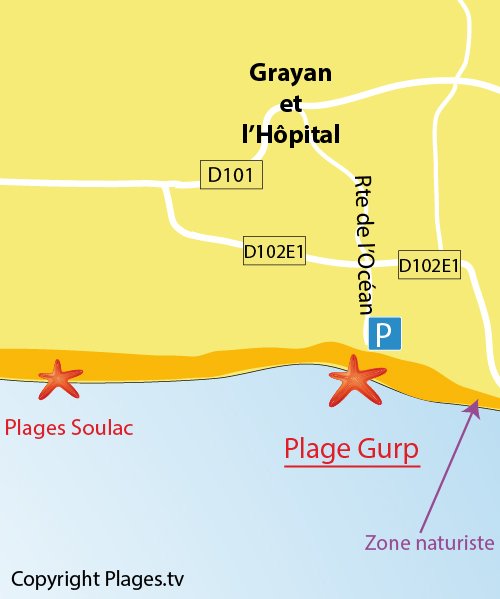 Carte de la plage du Gurp à Grayan l'Hôpital