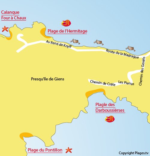 Mappa della spiaggia dell'Hermitage a Hyères