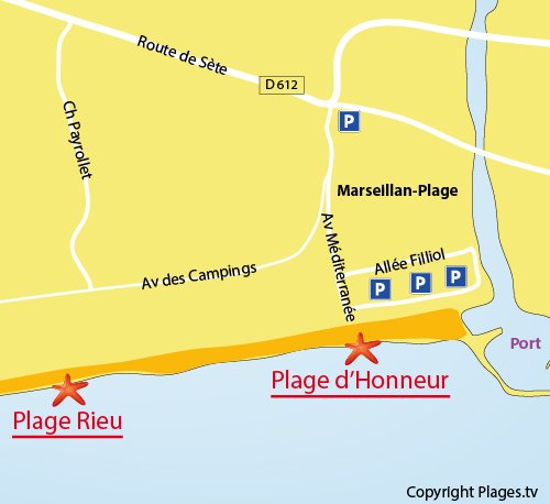 Map of Honour Beach in Marseillan