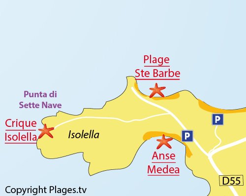 Carte de la plage d'Isolella en Corse