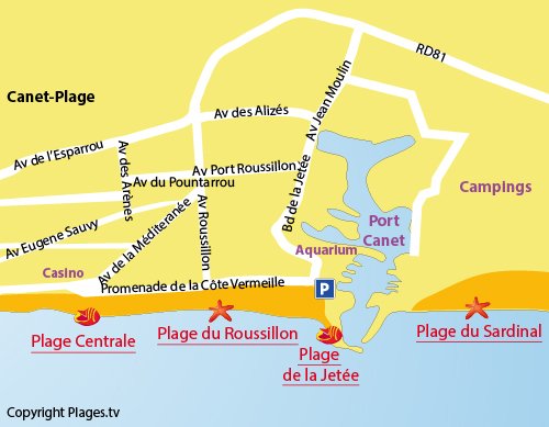 Carte de la plage de la Jetée au Canet en Roussillon